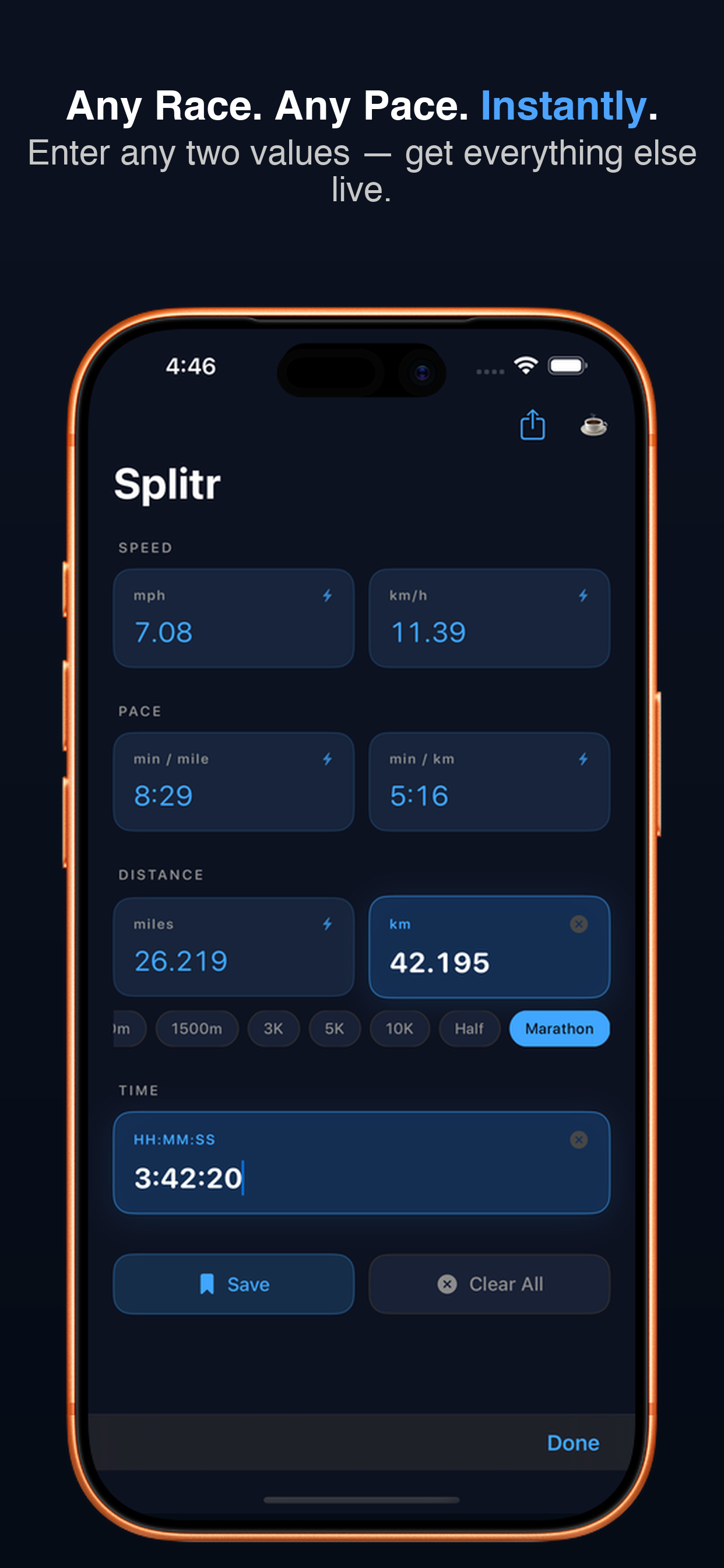 Splitr app showing live pace calculation